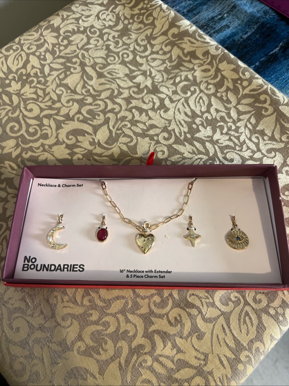 No Boundaries Gold Necklace & Charm Set Red Oval Stone Stars Hearts